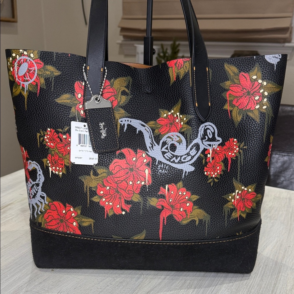 Coach Baseman Gotham Poison Lily Revenge Black and Red Floral Tote- With Dustbag